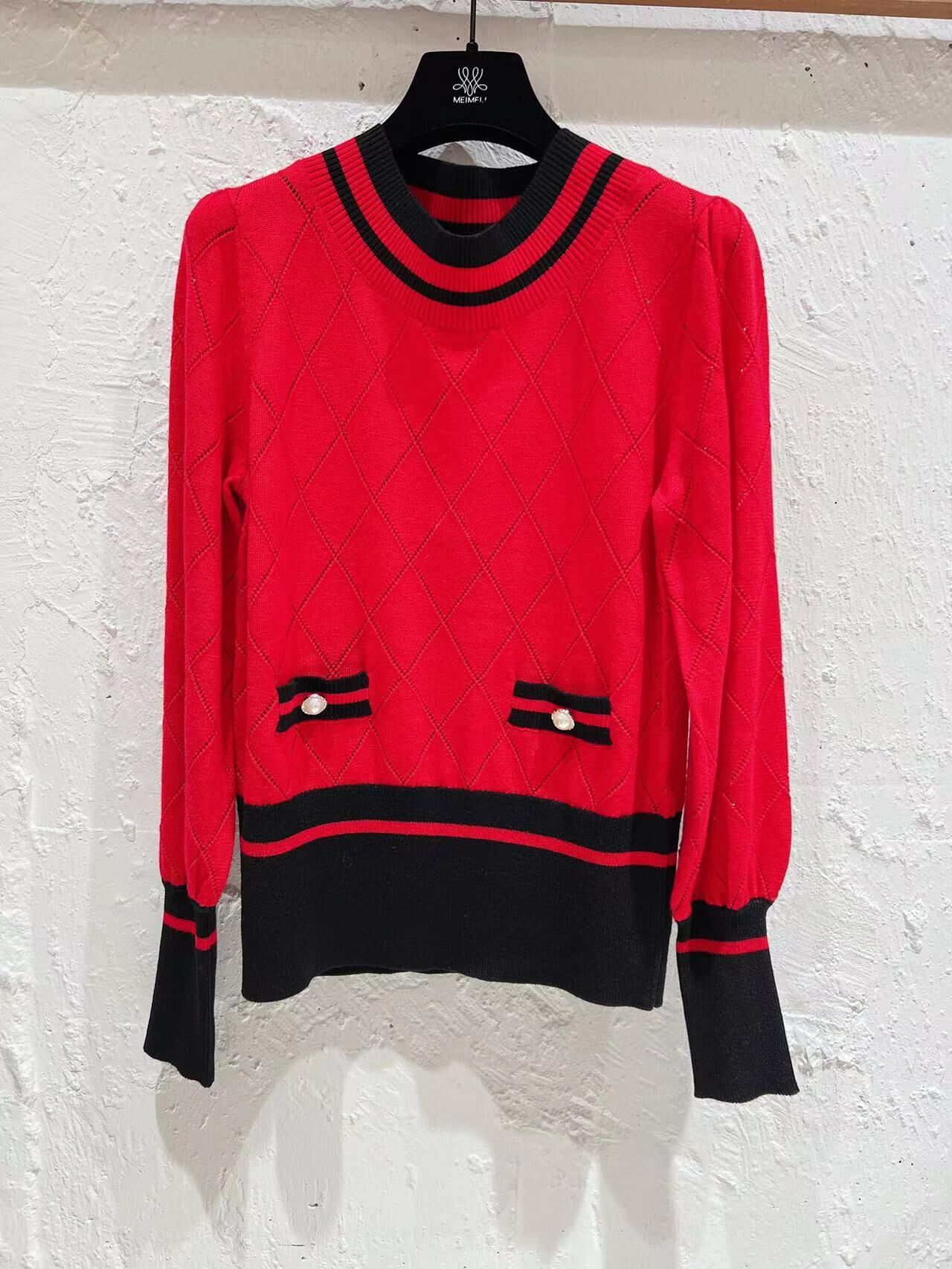 紅色拼色菱格紋套頭針織上衣 -T