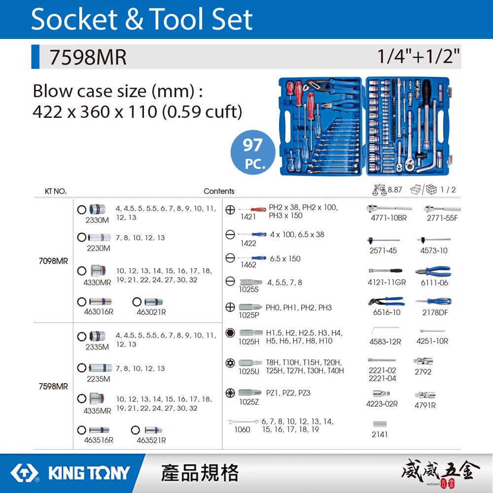 KING TONY 金統立｜97件式 1/4"+1/2" 手動工具組 套筒組 板手 綜合工具組｜7598MR