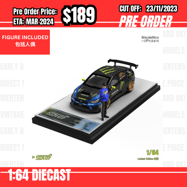 PO-$189 * TIme Micro * 1:64 Subaru WRX STI Black Blue Monster #43 w/figure  [OD22/11]