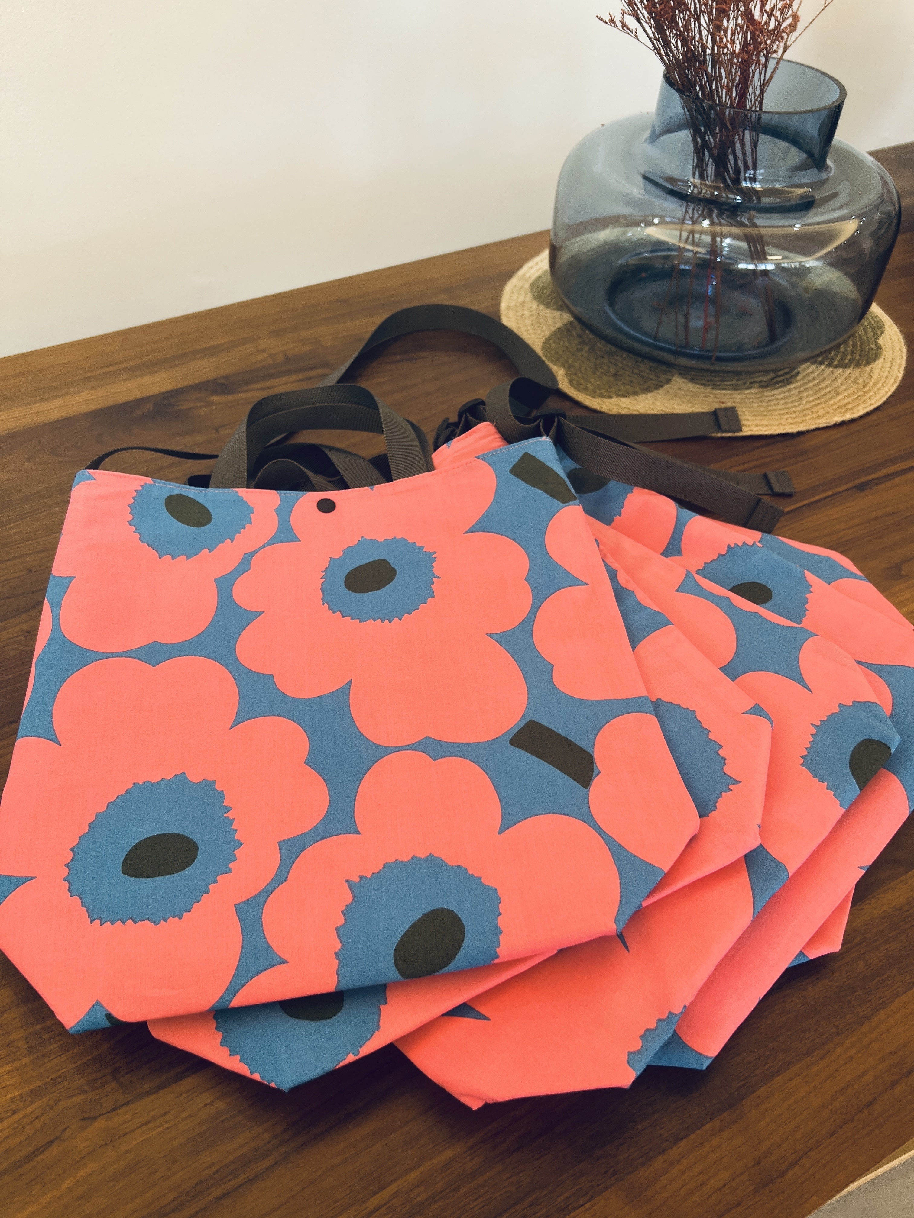 3 way easy tote | marimekko cotton fabric | pink x blue x dark green