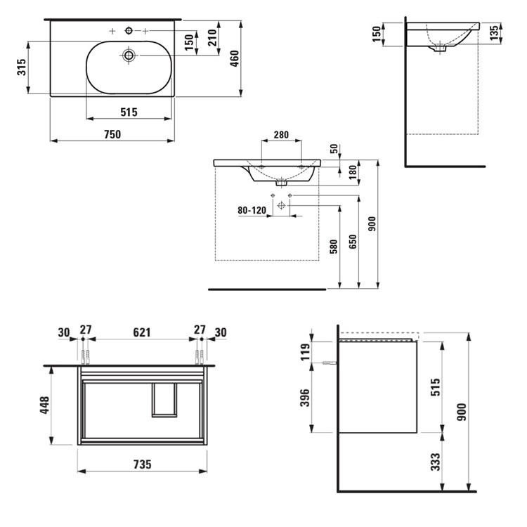 Laufen "Lua" 8.1708.5.000.104.1 + 8.9988.2.000.000.1 + 4.0358.2.112.267.1 Washbasin with Wild Oak Vanity Unit, with 2 drawers (with Overflow)