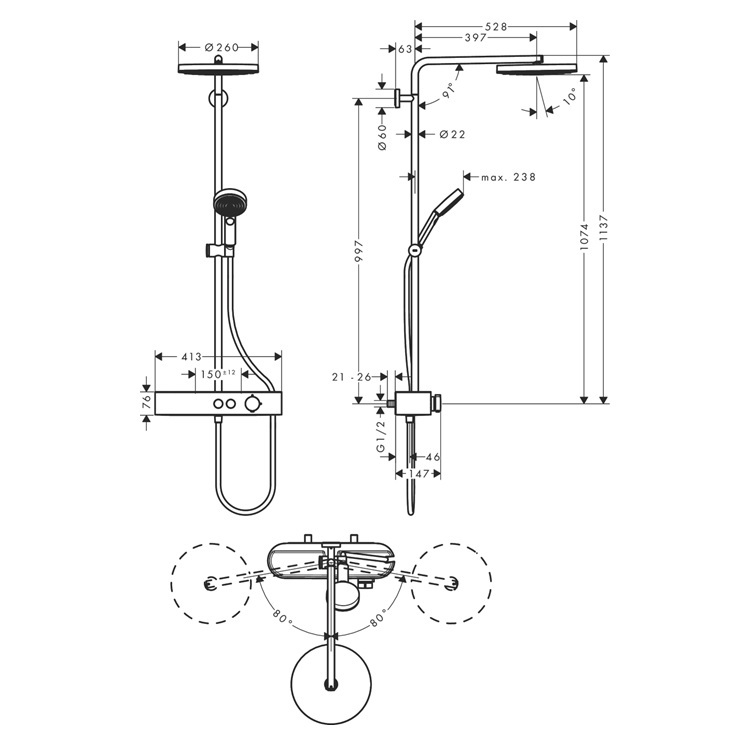 hansgrohe Pulsify S 24220, -000 Showerpipe 260 1jet with thermostat ShowerTablet Select 400