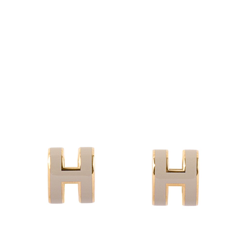 【HERMES】Mini Pop H立體簍空橢圓LOGO耳環(奶茶色/玫瑰金) H608002FO55