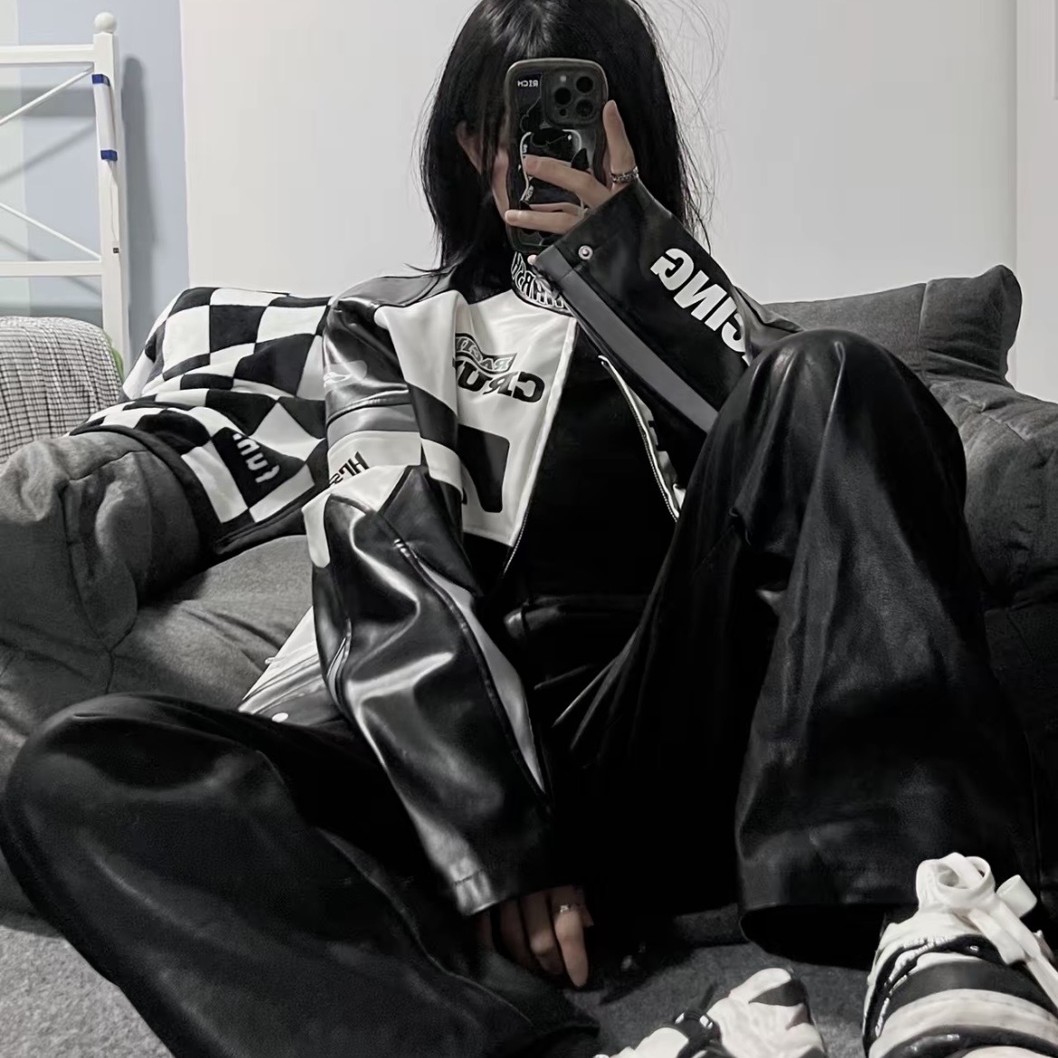 HARSH AND CRUEL 賽車外套 拼接 皮質 長袖 黑白 外套