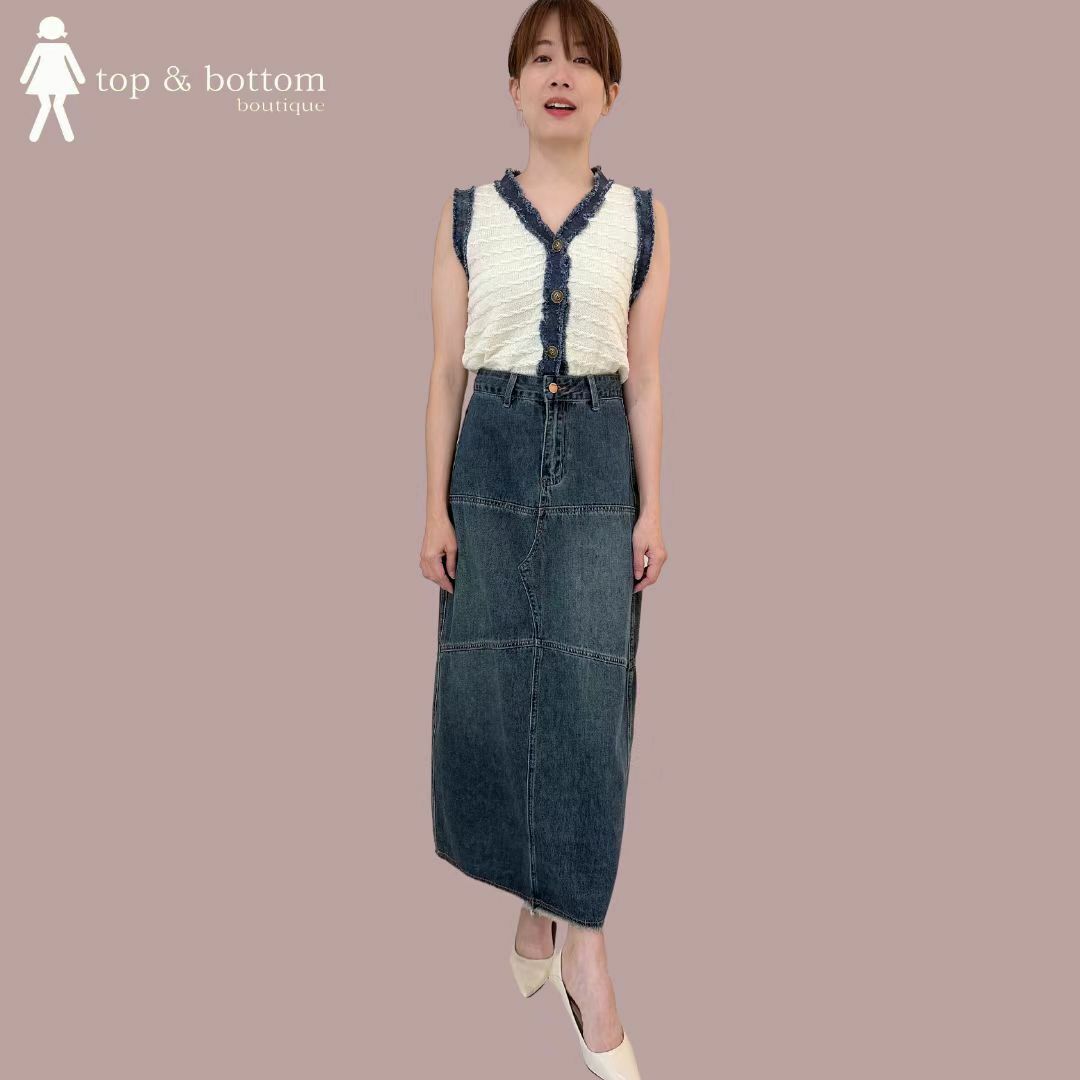 DENIM TRIM BUTTON DOWN KNIT BLOUSE