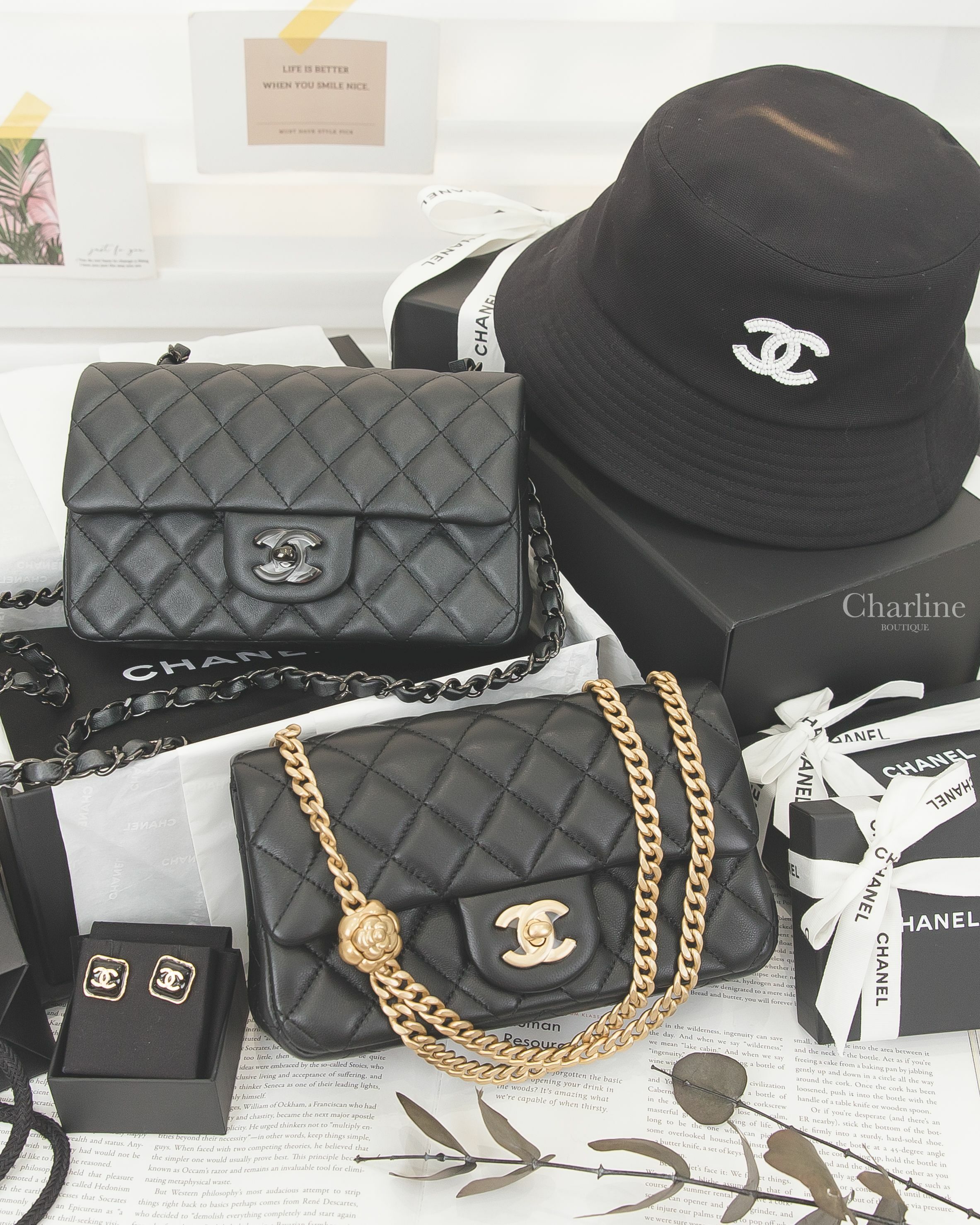 Chanel Flap Bag 黑色黑釦黑鍊20cm,Chanel Hat 黑底白CC漁夫帽,Chanel Mini Flap Bag 黑色金CC金色山茶花鍊帶20cm,Chanel 黑底金CC方形耳環-Charline Boutique 精品代購