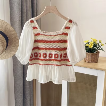 Forest style crocheted hollow patchwork chic shirt