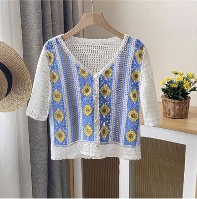 Striped embroidered top V-neck short-sleeved single-breasted hollow shirt