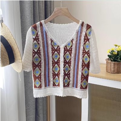 Striped embroidered top V-neck short-sleeved single-breasted hollow shirt