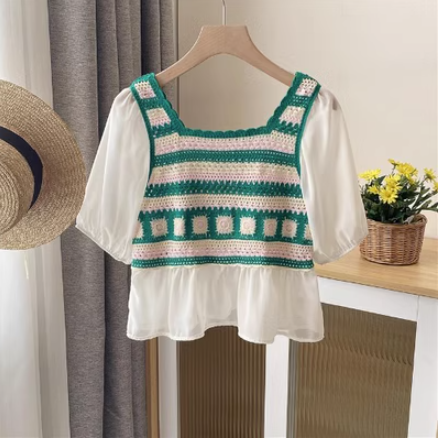 Forest style crocheted hollow patchwork chic shirt