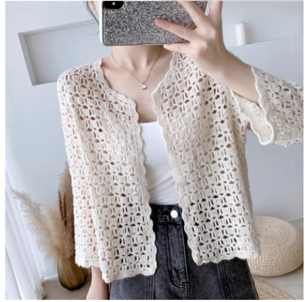 Bohemian shawl hollow knitted sweater three-quarter sleeve cardigan