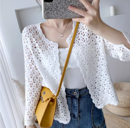 Bohemian shawl hollow knitted sweater three-quarter sleeve cardigan