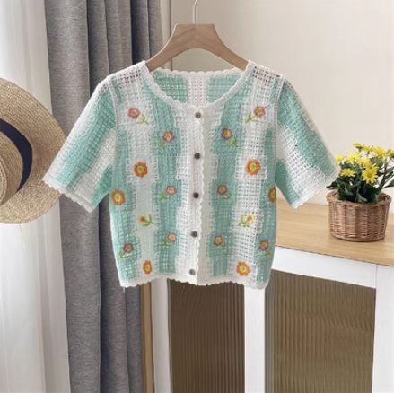 寬松泡泡袖刺繡拼接針織開衫