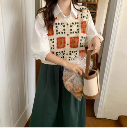 鉤花鏤空寬松撞色馬甲針織背心