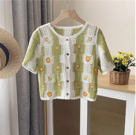 寬松泡泡袖刺繡拼接針織開衫