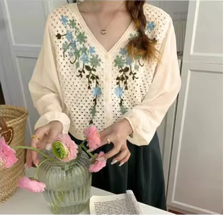 鉤花鏤空拼接雪紡長袖上衣針織開衫