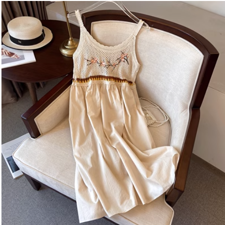 Embroidered suspender skirt backless a-line dress