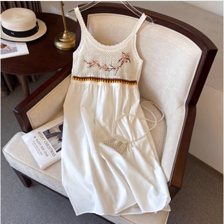 Embroidered suspender skirt backless a-line dress