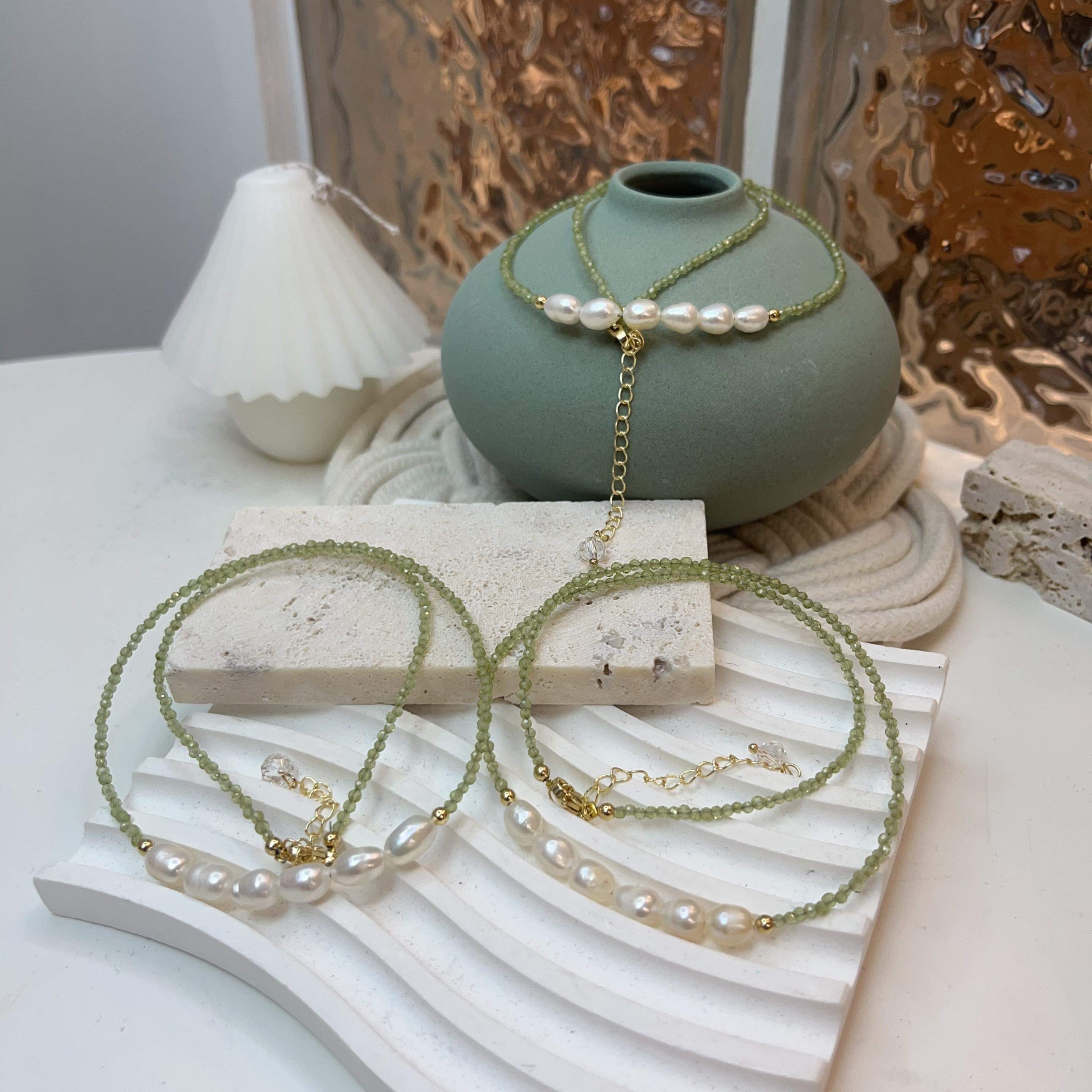 淡水珍珠拼橄欖石頸鏈