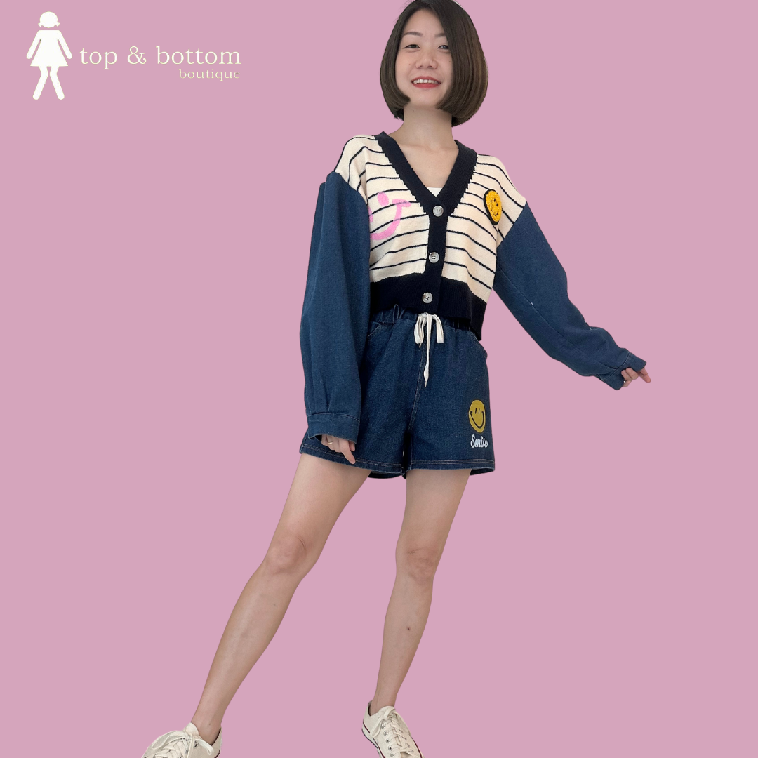 DENIM DRAWSTRING SHORTS W SMILEY