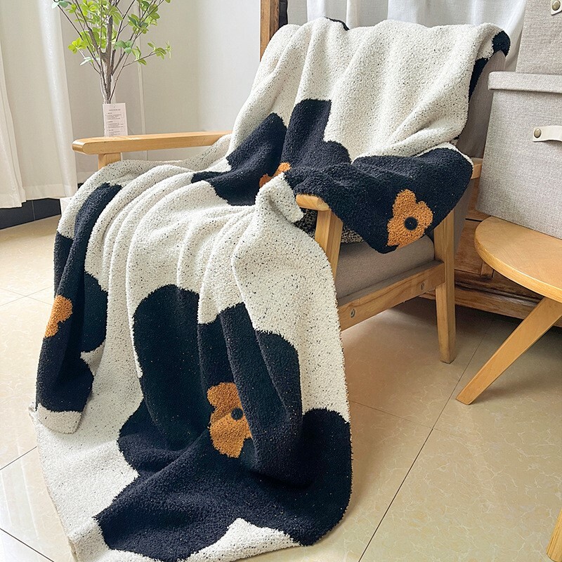 《3346》ins黑白小花系列毛蓋毯抱枕