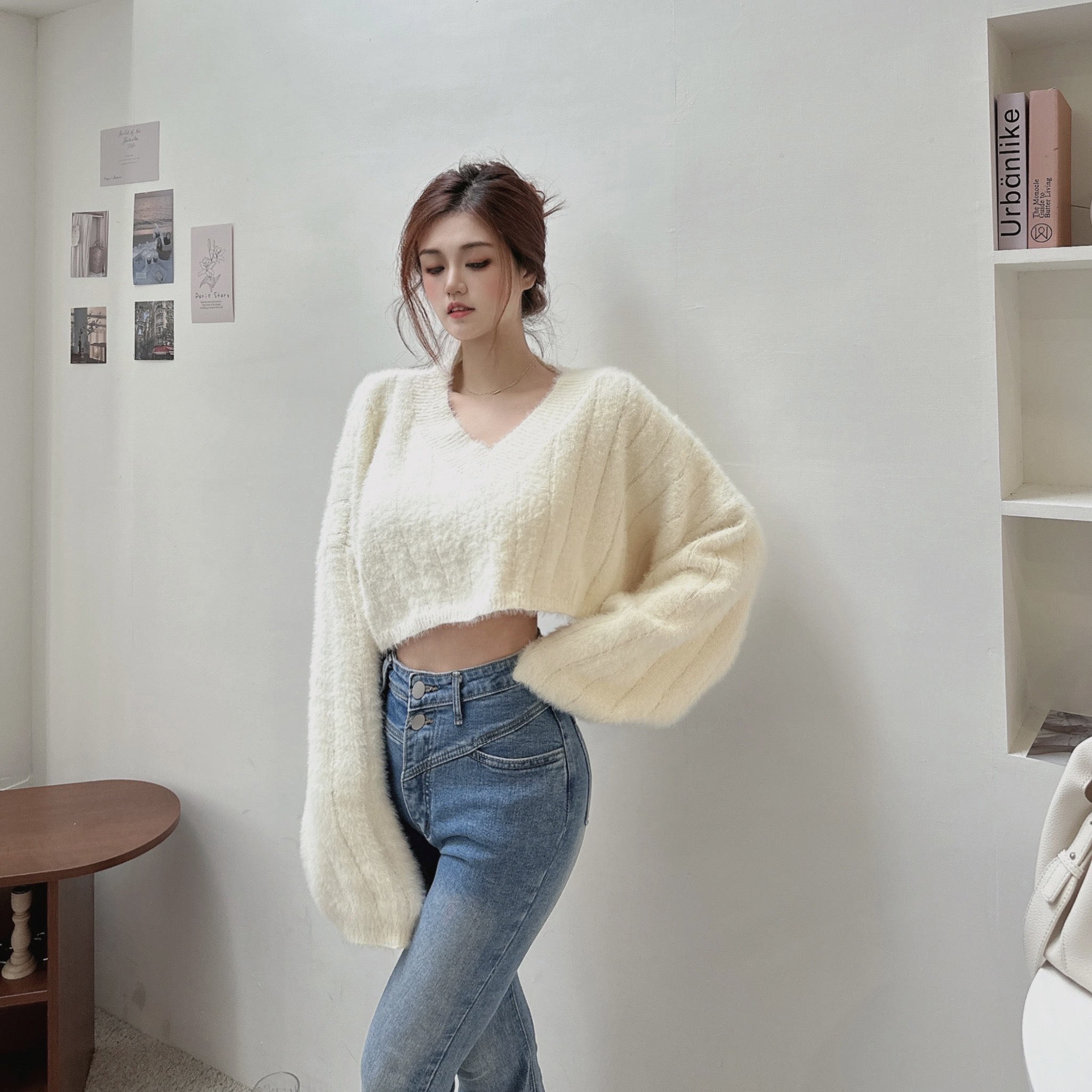 V領慵懶水貂毛針織毛衣/四色