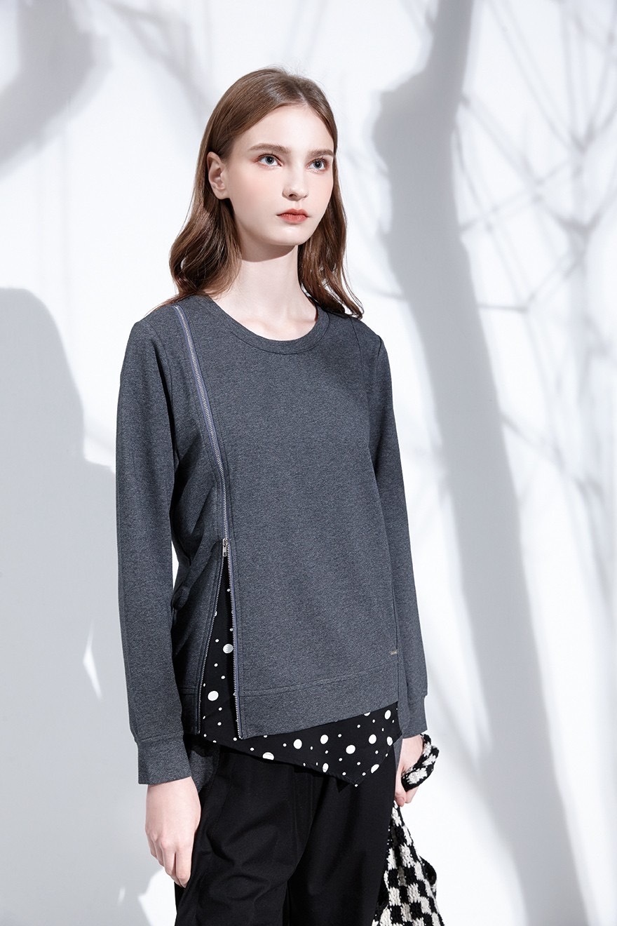 時尚拉錬設計異裁層次拼接個性修身上衣T6321