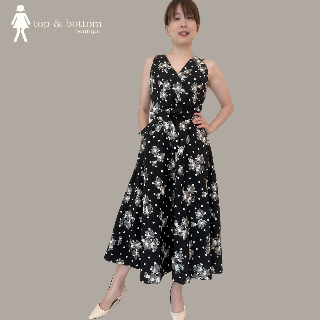 SOLID EMBROIDERY V NECK MIDI DRESS