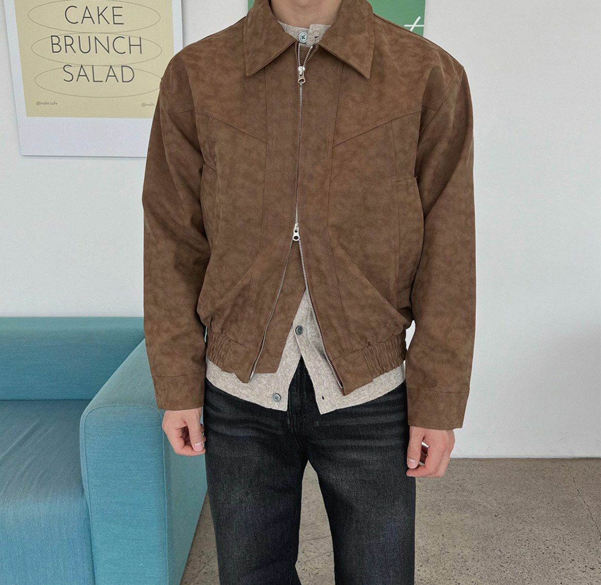 淨色反領拉鍊合成皮褸 PAIR-001JK