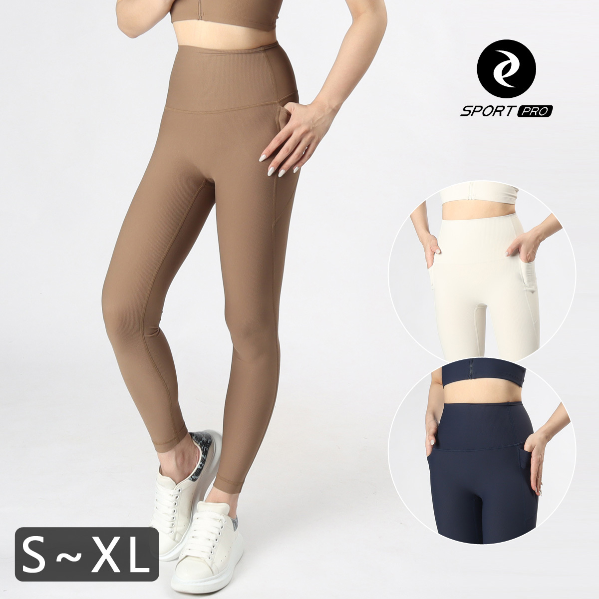 高腰細羅紋無尷尬線側口袋九分瑜珈/運動/緊身機能褲*