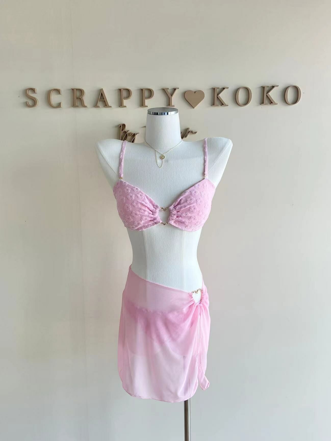 Pink garden 絨布小花三件式泳裝