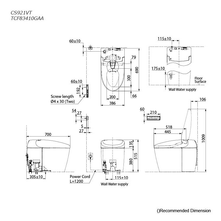 Toto CS921VT#NW1 + TCF83410GHK#NW1 + T53WR100 Neorest RS S Trap 305mm Multi-function 3/3.8L Tornado flushing toilet with wireless remote