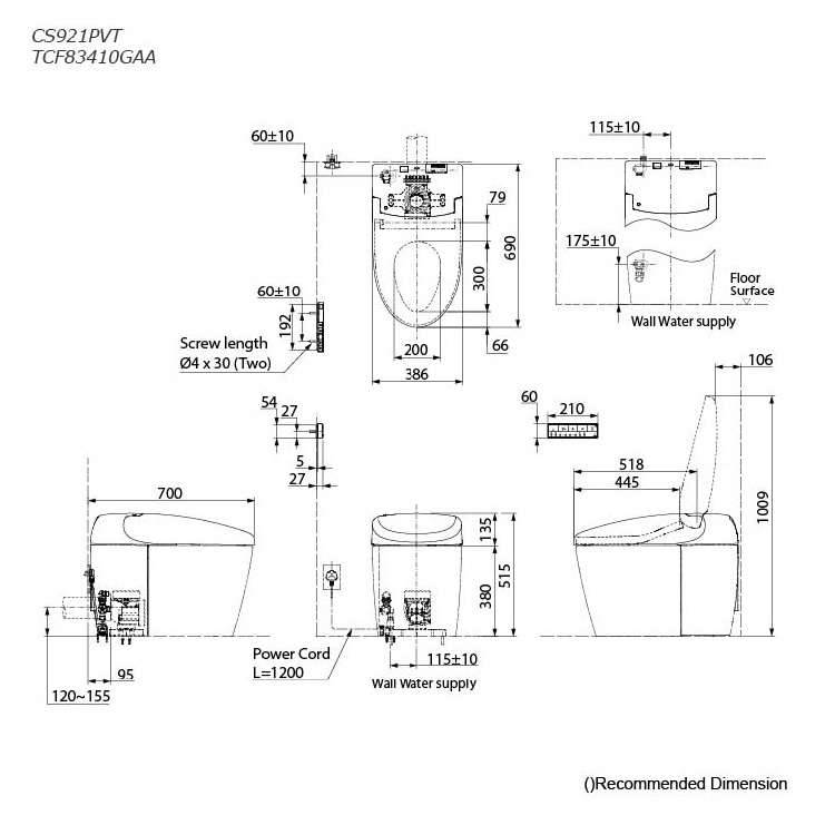 Toto CS921PVT#NW1 + TCF83410GHK#NW1 Neorest RS P Trap 120-155mm Multi-function 3/4.5L Tornado flushing toilet with wireless remote