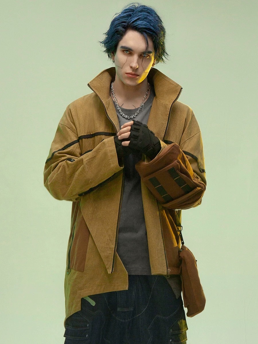 不作惡「砂岩風衣夾克 -含可拆卸拳套包」賽博龐克不對稱中長款