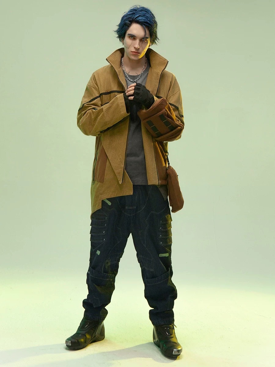 不作惡「砂岩風衣夾克 -含可拆卸拳套包」賽博龐克不對稱中長款