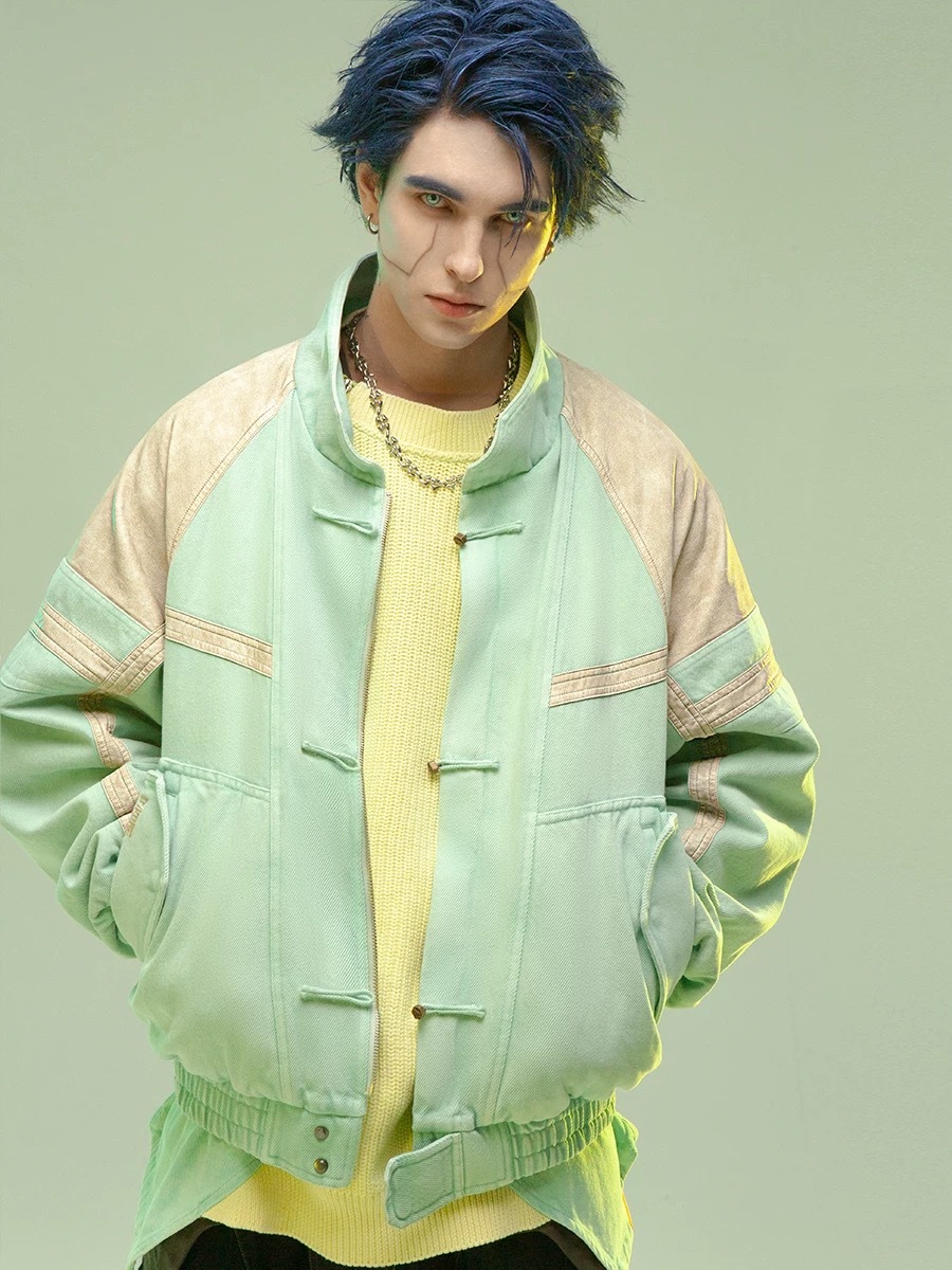 不作惡「破風者夾克-立體壓印」中國風賽博龐克拼皮水洗加厚短夾