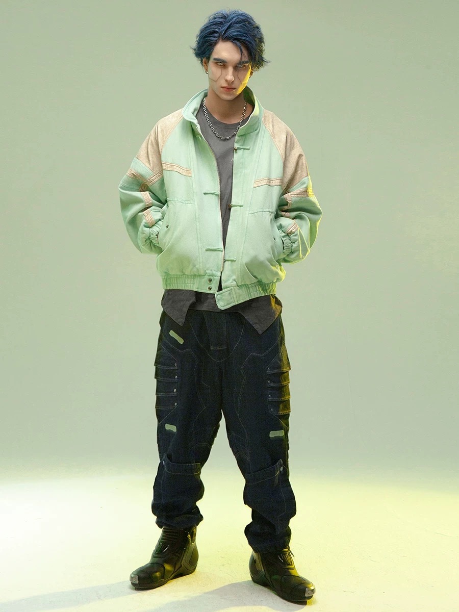 不作惡「破風者夾克-立體壓印」中國風賽博龐克拼皮水洗加厚短夾