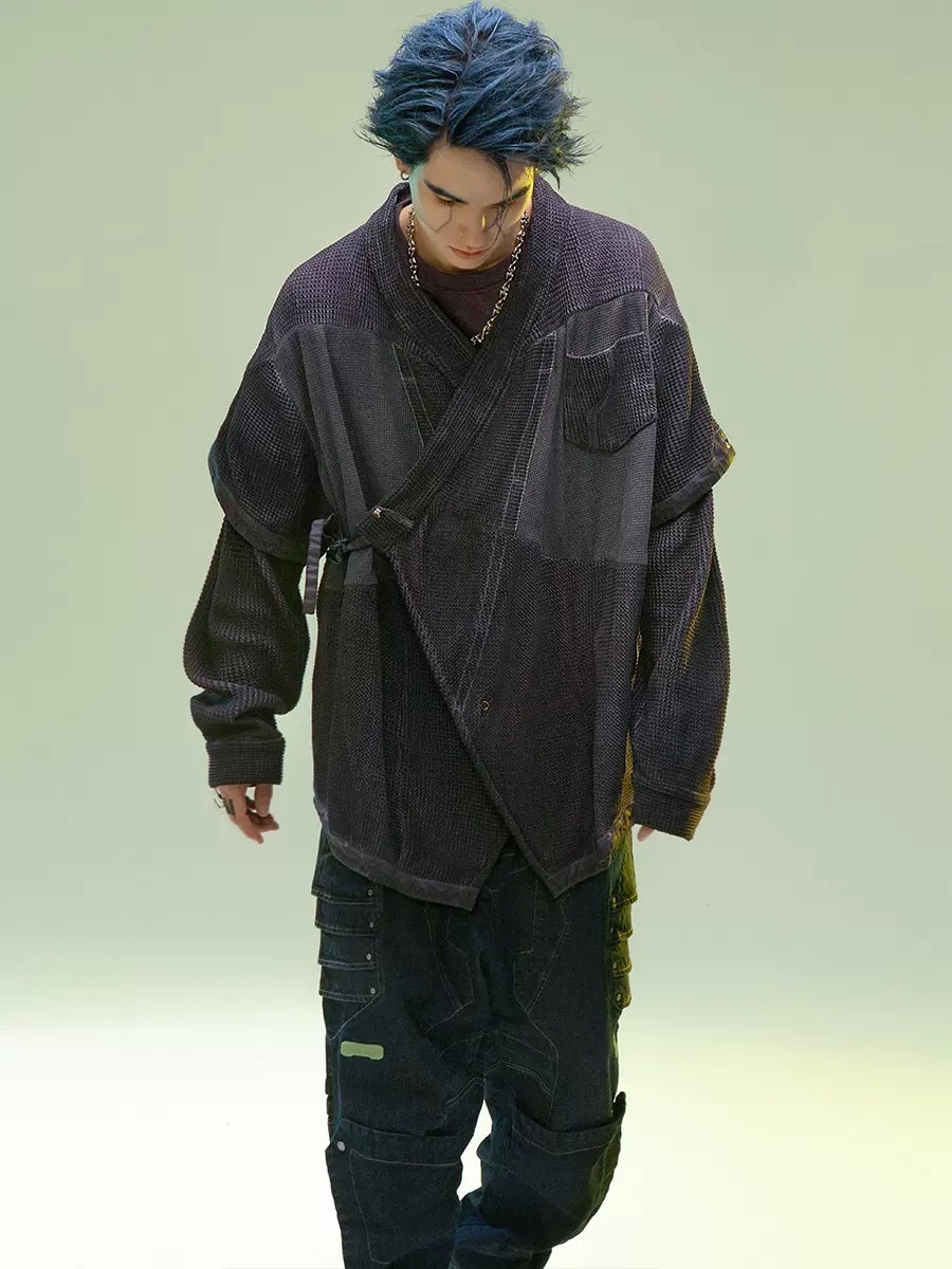 不作惡「矩陣生還者」中國風賽博朋克骨白染色水洗漢服開襟衫