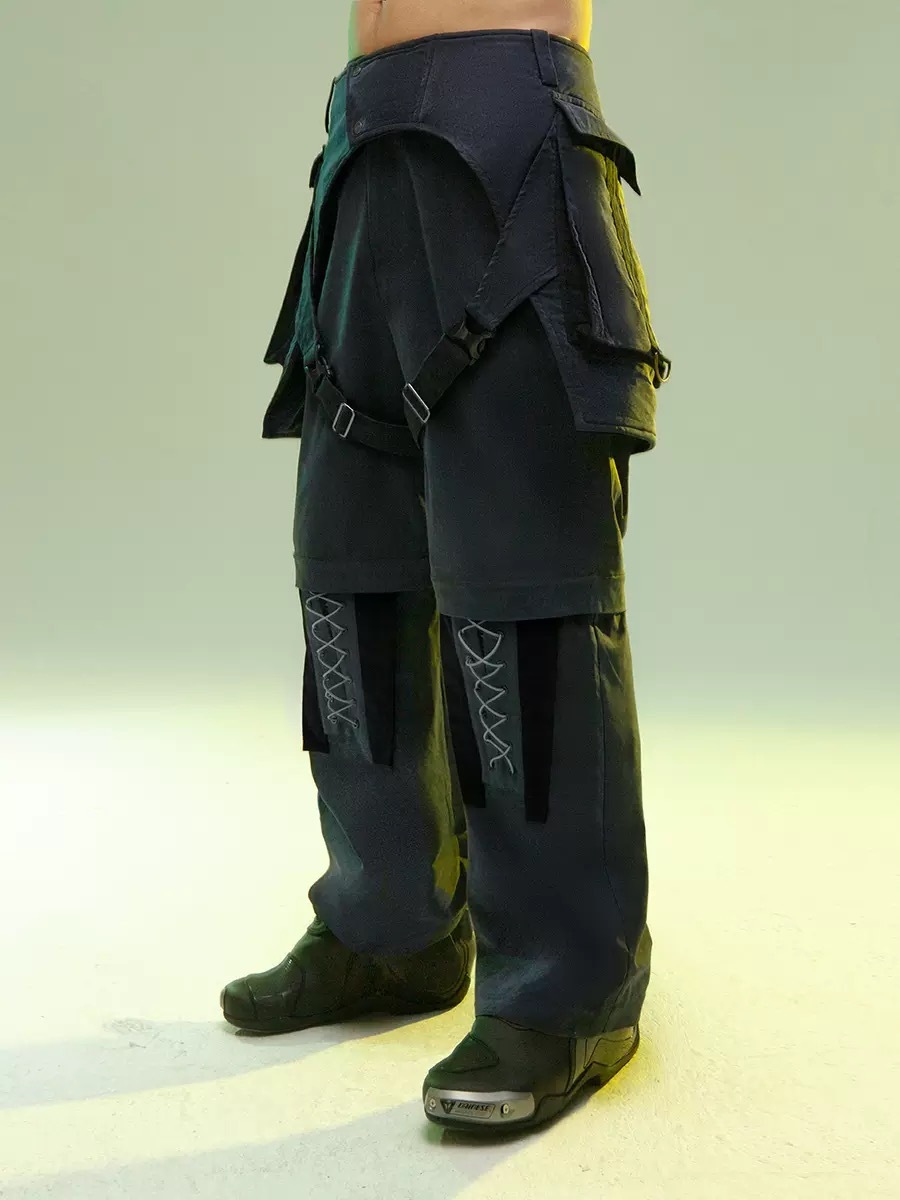不作惡「灰刃特務套褲-兩件套」賽博龐克直筒輪廓可拆卸褲管