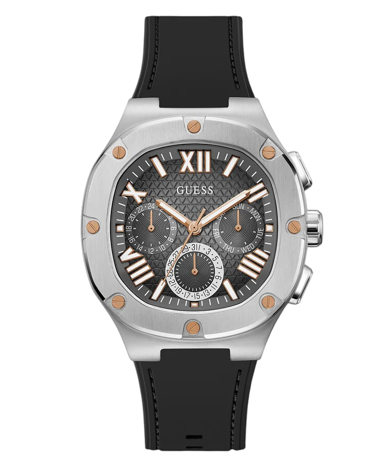 Guess | 銀色不鏽鋼三眼計時錶 矽膠錶帶