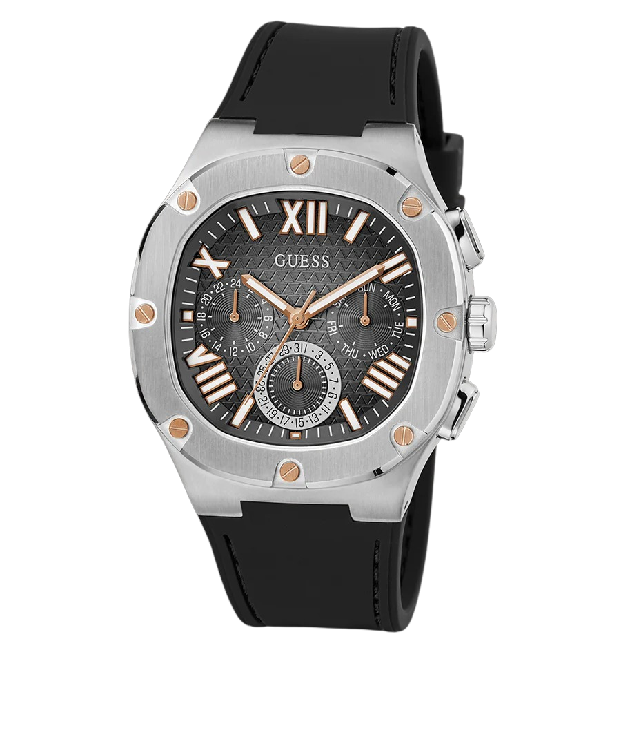 Guess | 銀色不鏽鋼三眼計時錶 矽膠錶帶