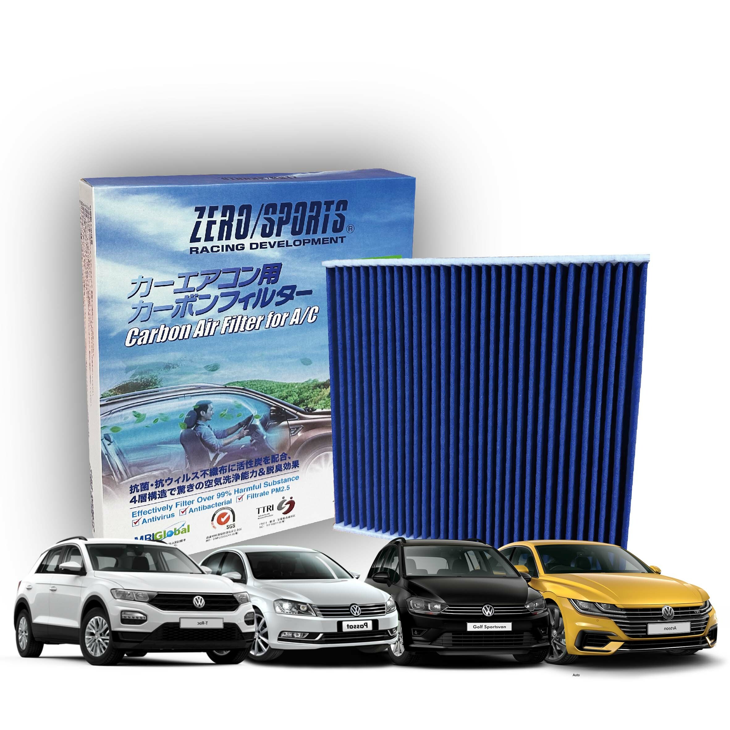 【日本ZERO/SPORTS】總代理-S30310 適用福斯VolksWagen Arteon、Golf VII、Golf 7.5代、Golf Sportsvan、Passat、T-Roc、Tiguan II、Tiguan Allspace、Touran 2.5代 / 3代、Caddy V 【ZERO/SPORTS】 強力滅毒抑菌除臭 車用冷氣濾網
