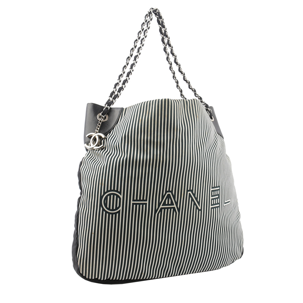 【CHANEL】條紋帆布肩背/斜背大款二用沙灘包(藍色)