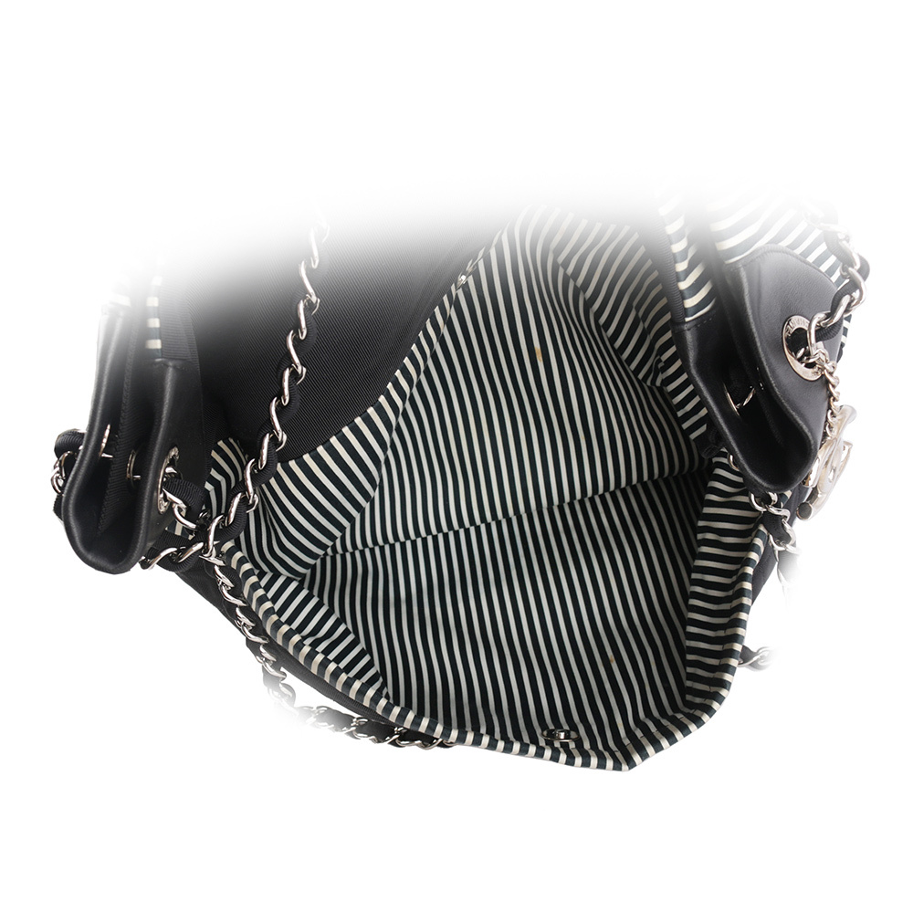 【CHANEL】條紋帆布肩背/斜背大款二用沙灘包(藍色)