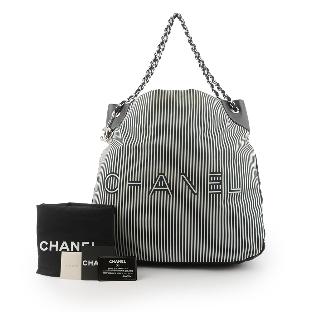 【CHANEL】條紋帆布肩背/斜背大款二用沙灘包(藍色)