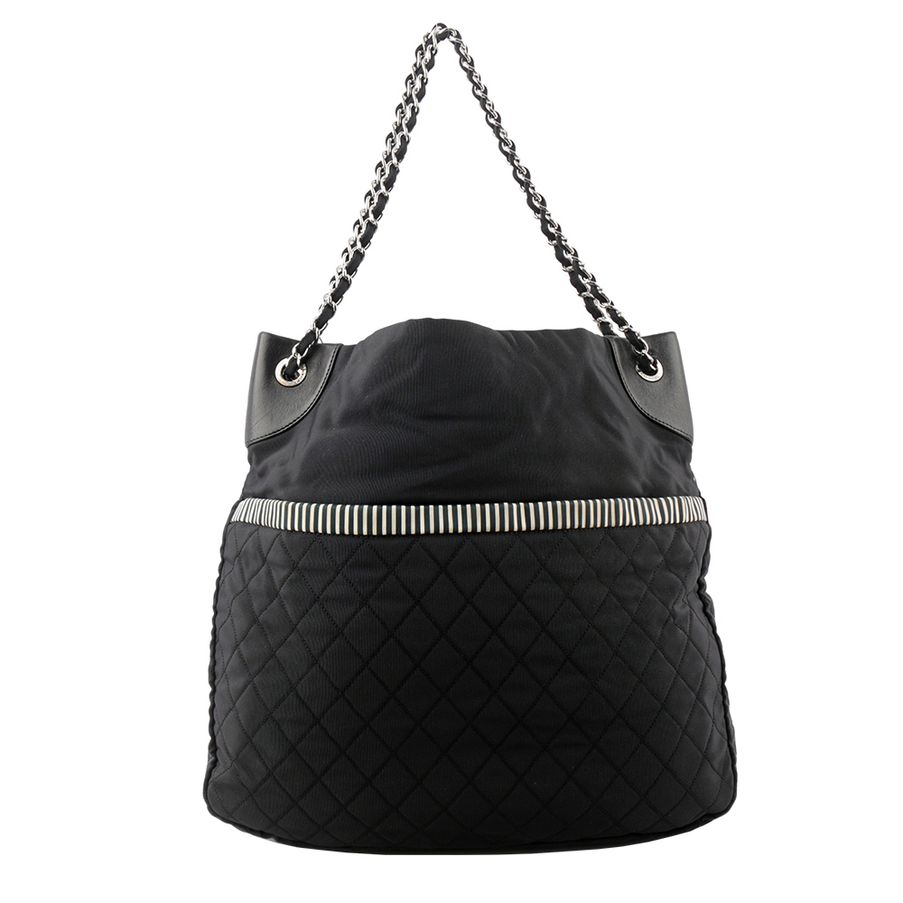 【CHANEL】條紋帆布肩背/斜背大款二用沙灘包(藍色)