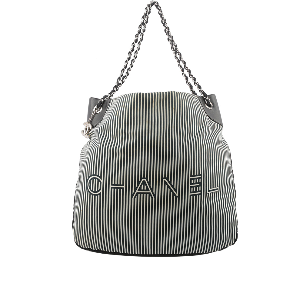 【CHANEL】條紋帆布肩背/斜背大款二用沙灘包(藍色)