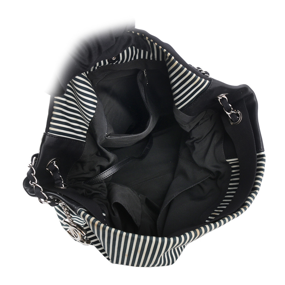 【CHANEL】條紋帆布肩背/斜背大款二用沙灘包(藍色)