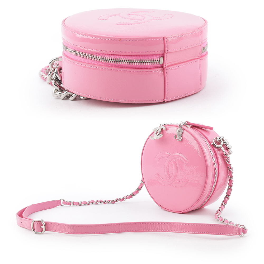 【CHANEL】銀鏈漆皮手提斜背二用圓餅包(粉紅色)