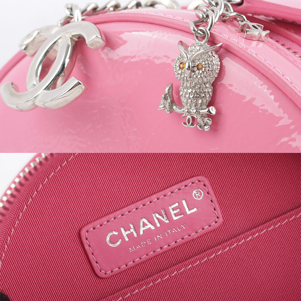 【CHANEL】銀鏈漆皮手提斜背二用圓餅包(粉紅色)